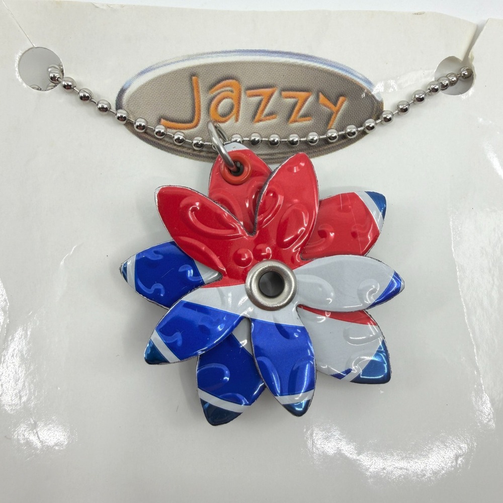 Jazzy Upcycled Pop Can Flower Pendant Necklace Red White Blue Statement Gift